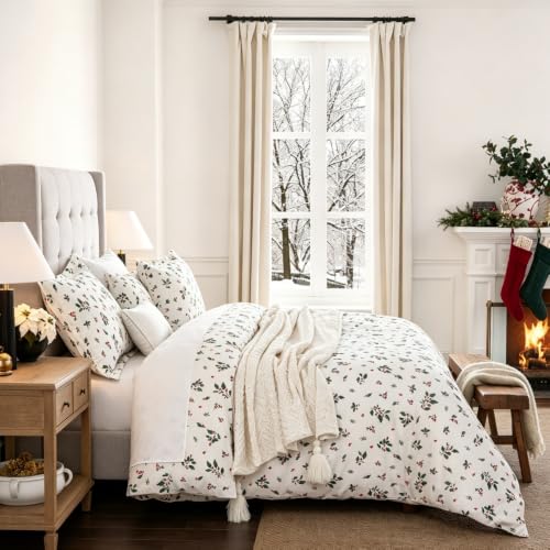 Christmas Duvet Cover Set Queen Size Holly Berries Pattern 90x90 Inch with 2 Shams