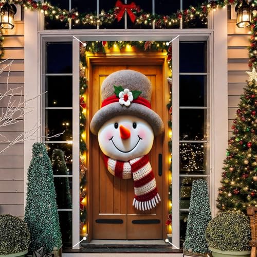 Christmas Front Door Cover Snowman Pattern Holiday Banner 35x71in Polyester