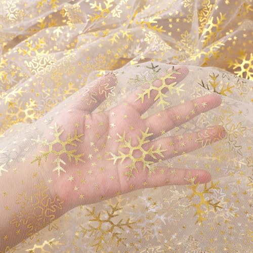 Christmas White Gauze Table Runner with Gold Snowflake Design - 29x120 Inches, Pack of 1