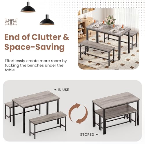 Dining Table Set for 4 with 2 Benches - Space-Saving Modern Kitchen Grey