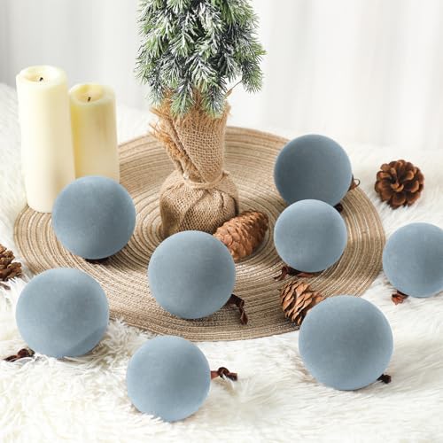 Gray Blue Velvet Christmas Tree Ornaments - 18 Pack Flocked Holiday Balls with Hanging Ropes