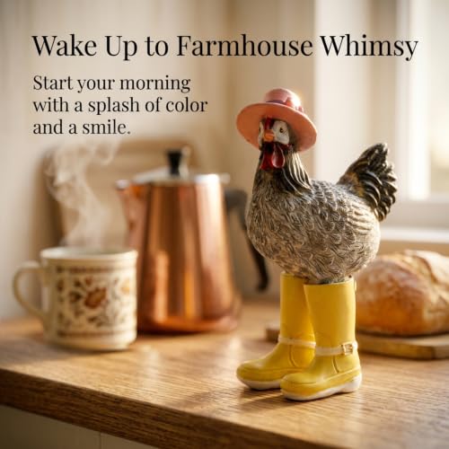 Rain Boots Hen Chicken Figurine Resin Farmhouse Kitchen Decor, 7.4 Inches