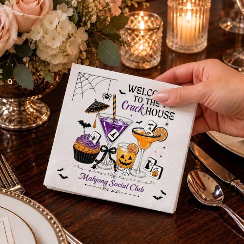 Personalized Halloween Mahjong Cocktail Napkins - Spooky Bat & Mahjong Party Decor