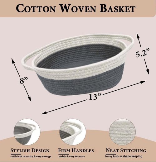 GiftExpress Gray & White Woven Gift Basket - 13" x 8" x 5" Cotton Rope Organizing Baskets for Baby Items or Cat & Dog Toys - Cute Soft Gift Storage Bin w/ Handles