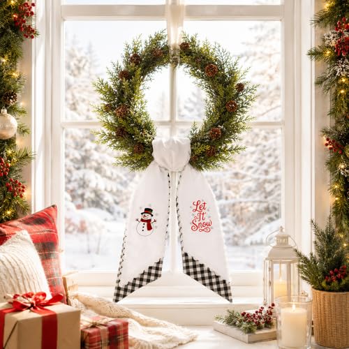 Christmas Wreath Sash Set - Black White Plaid & Embroidered Snowmen, Rustic Holiday Decor - Black White Plaid / 1 Set