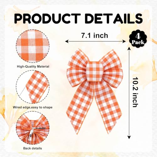 Fall Gingham Bow Set for Wreaths - Orange & White Decor, 4 Pack