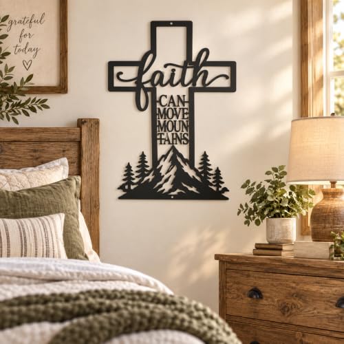 Christian Cross Wall Art - Faith Can Move Mountains Metal Decor