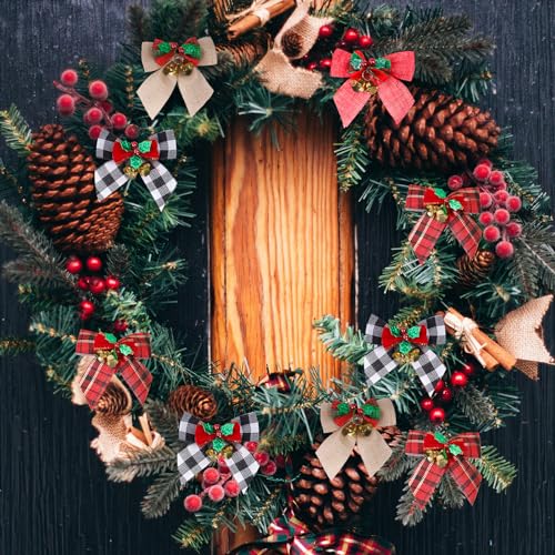 24 Pack Christmas Tree Bows with Jingle Bells Linen Buffalo Plaid Holiday Decor