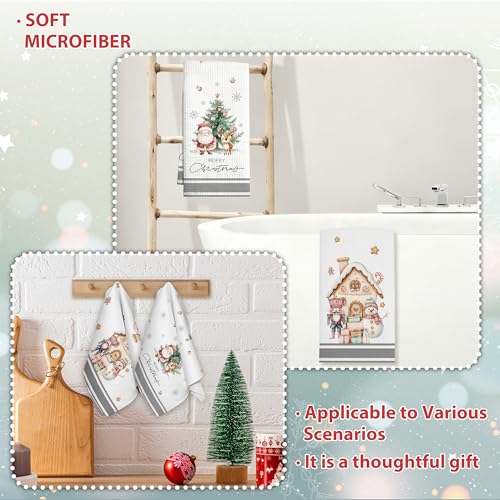 Christmas Kitchen Towels Set of 2 - Santa Reindeer Snowman Holiday Dish Towels - White04