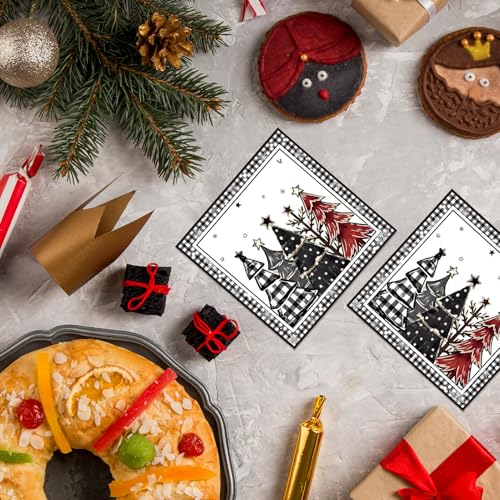 Christmas Dinner Paper Napkins - Black White Red Gingham Holiday Party Decor - 100 Pack
