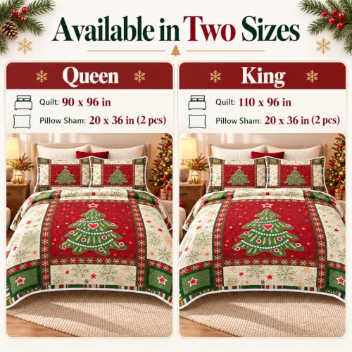 Christmas Quilt Set Queen - Red 3-Piece Tree Bedspread & Pillow Shams - Seasonal Bedding