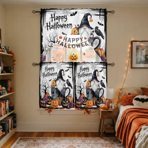 Halloween Swag Kitchen Curtains Set Black and White 3 Pieces with Snow & Orange Variations