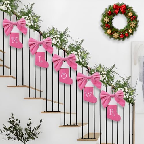 Mini Pink Velvet Christmas Stocking with Bow & Embroidered Monogram - Pink-A