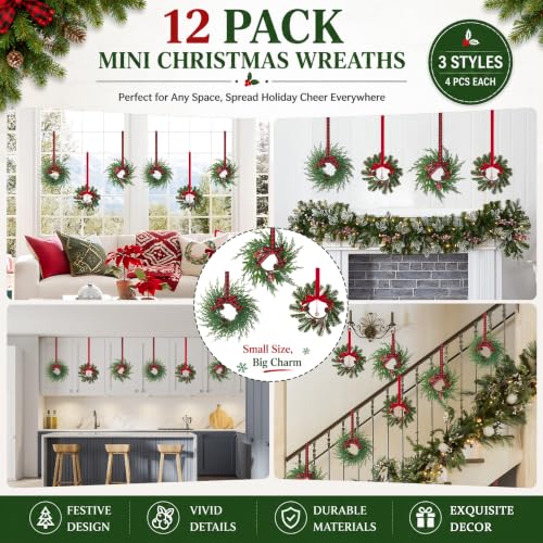 Mini Christmas Wreaths Set - 12 Holiday Decor for Cabinets & Small Spaces