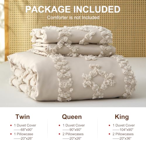 Queen Size Tufted Boho Duvet Cover Set - Farmhouse Beige Bedding
