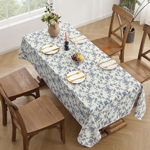 Blue Floral Cotton Linen Rectangle Tablecloth 55x120 Inches - Rustic Decor