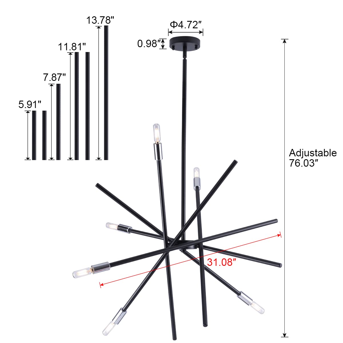 VILUXY Modern Sputnik Chandelier 6 Lights Black Linear Ceiling Pendant Light Fixture Mid Century Hanging Chandelier for Dining Room Living Room Foyer Staircase 31.5 inches