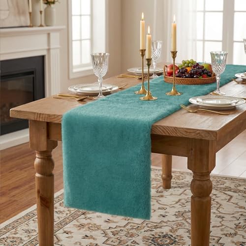 Teal Blue Faux Fur Table Runner 11.8 x 70.9 Inches Fluffy Shaggy Decor