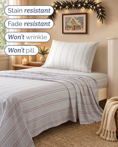 Christmas Sheet Set - Holiday Red Dot Stripe Bedding - Twin Size
