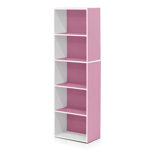 Furinno LUDER Book Shelf, 5-Tier Bookshelf, Bookcase with Open Shelves, 9.4 x 15.8 x 52, Easy Assembly, for Living Room, Bedroom, Home Office, White/Pink
