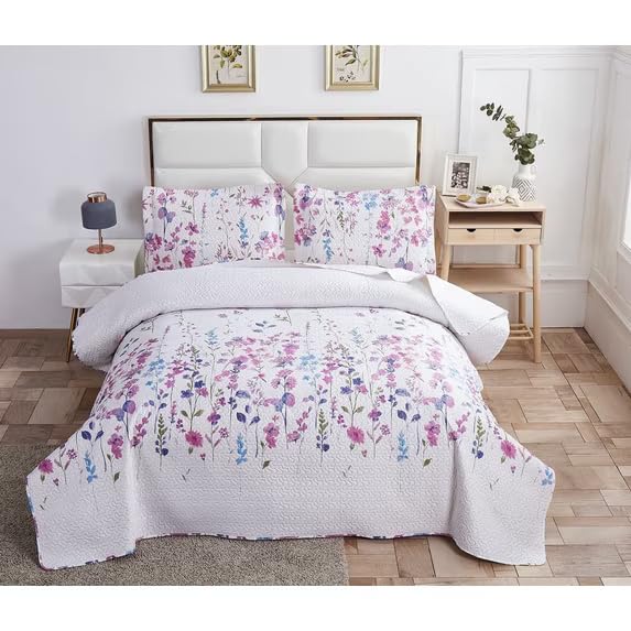 Purple Floral Quilted Bedspread Set for Queen/Full Size Bedding - Lilac Flower Design