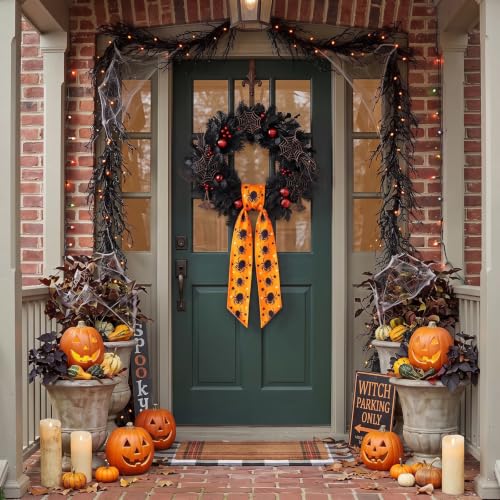 Halloween Wreath Sash for Wreath Orange Buffalo Plaid Ghost Decor Style2