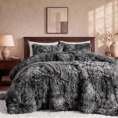 Tie-Dye Dark Grey Fluffy Queen Comforter Set - Luxurious Plush Bedding with Pillowcases