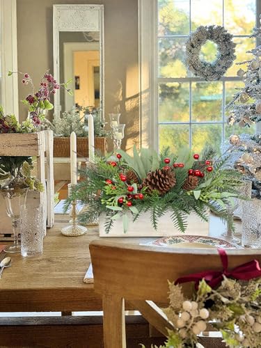 Christmas Centerpieces for Table - Artificial Norfolk Pine with Red Seeds & Eucalyptus in White Wooden Pot - White Variation