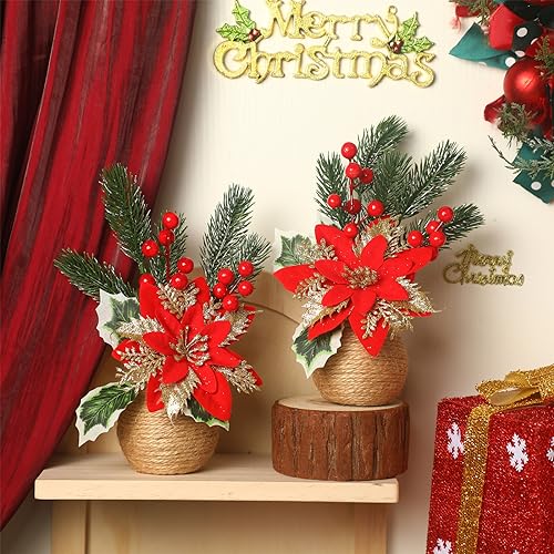 2 Pcs Artificial Christmas Poinsettia Flowers with Holly Berries - Holiday Decor