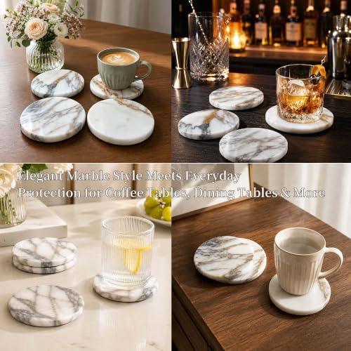 Marble Coasters Set of 4 - Stone Drink Coasters for Desk & Table Protection