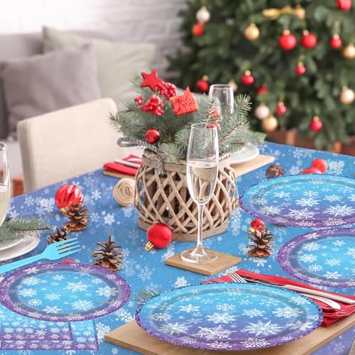 Disposable Snowflake Party Plates Napkins Forks Set for Winter Wonderland Christmas