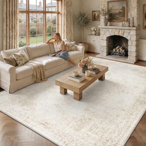 Washable 8x10 Area Rug for Living Room Vintage Boho Medallion Beige Non-Slip Low Pile Carpet