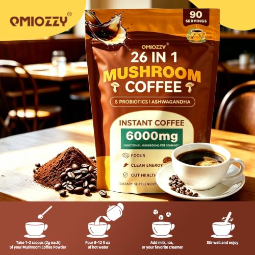 Mushroom Coffee - Instant Coffee with 26 Mushroom Complex, 6.35 oz, 90 Servings