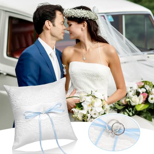 Wedding Ring Pillow with Blue Bow & Lace - 7.9 x 7.9 Inch