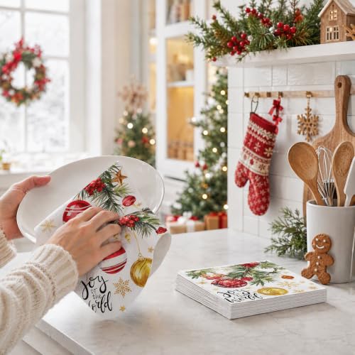 Christmas Joy Disposable Paper Napkins 100 Pack - Red Gold Ornament Pine Snowflake