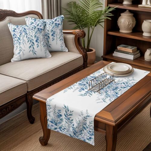 83 x 20 Inch Blue Eucalyptus Bed Runner Set with 2 Pillow Covers - Queen Size