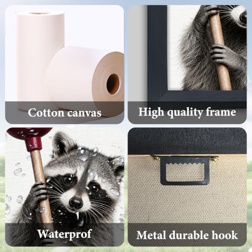Bathroom Raccoon Wall Art Decor - 16x12 Inches Wooden Framed Canvas