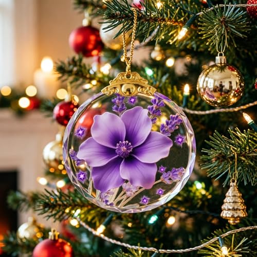 Purple Floral Crystal Christmas Ornament 2.75" Hanging Decor - YouerCrystal