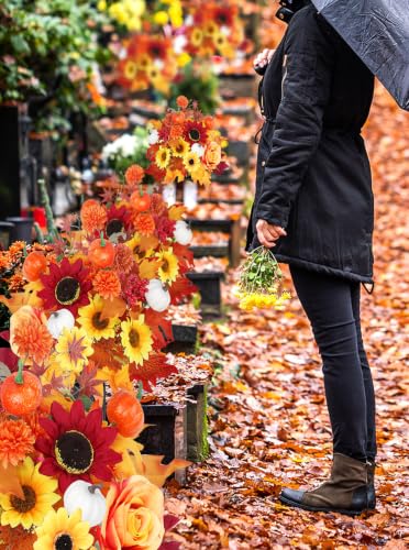 Artificial Fall Cemetery Flowers for Grave - Orange Mums & Pumpkins with Variation Wine