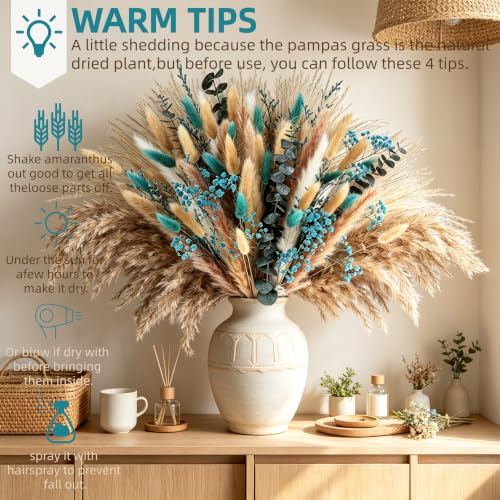 125 Pcs Turquoise Dried Pampas Grass for Home Decor & Bouquets - Natural & Fluffy