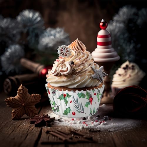 Christmas Cupcake Liners Holly Print Watercolor Bakeware Holders 300pcs