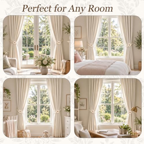 Cream Flower Curtain Tiebacks 2 Pack with Adjustable Rope & Wooden Bead - No Drill Decor