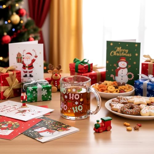 24 Pcs Christmas Glass Mug Gift Set - 12 oz Holiday Coffee Cups with Handles - Winter Designs