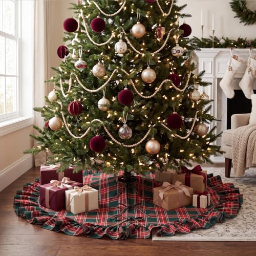 Blueweenly Green Red Plaid Ruffled Christmas Tree Skirt 36 Inch - Holiday Decor