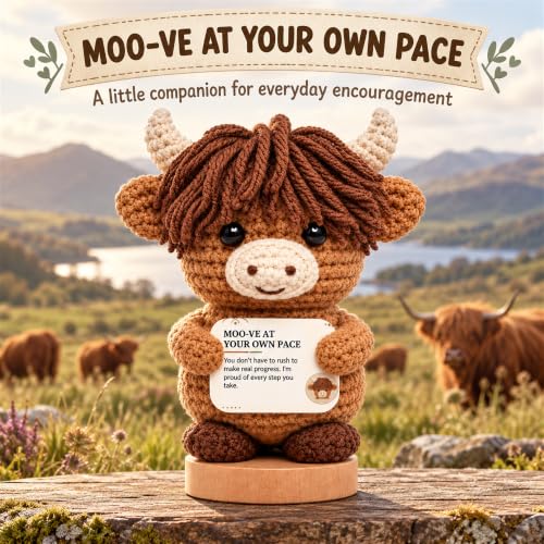 Positive Highland Cow Crochet Support Animal with Wooden Base - Inspirational Desk Decor - Cow