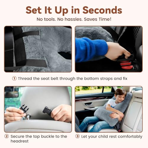 Kids Car Seat Travel Pillow - Toddler Neck Support Cushion Grey