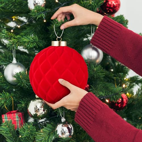 Red Velvet Christmas Ball Ornaments - 6 inch Shatterproof Holiday Decor Set (2pcs)