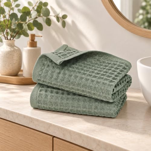 Sage Green Waffle Hand Towels - Cotton, Quick Dry & Low Lint, 2 Pack