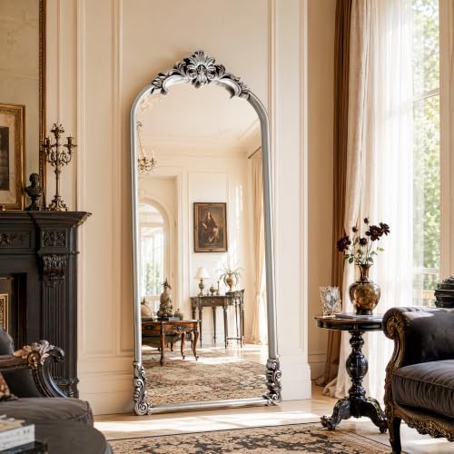 Vintage Arched Floor Mirror 28x69 Inches with Stand - Antique Silver Finish