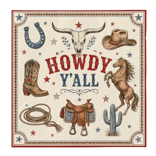 Western Cowboy Cocktail Napkins Vintage 'Howdy Y'all' 50 Pack